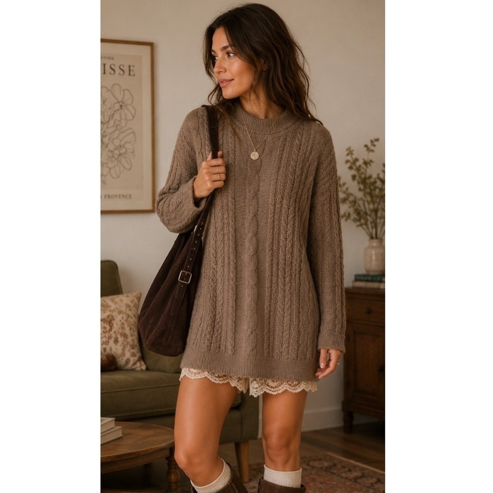 Indice Taupe Cable Knit 100% Cashmere‎ Tunic Sweater XS Italian Quiet Luxury